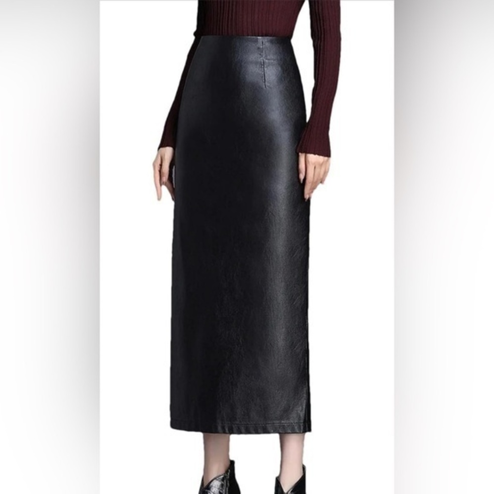 High-Waist Black Pencil faux leather Midi Skirt